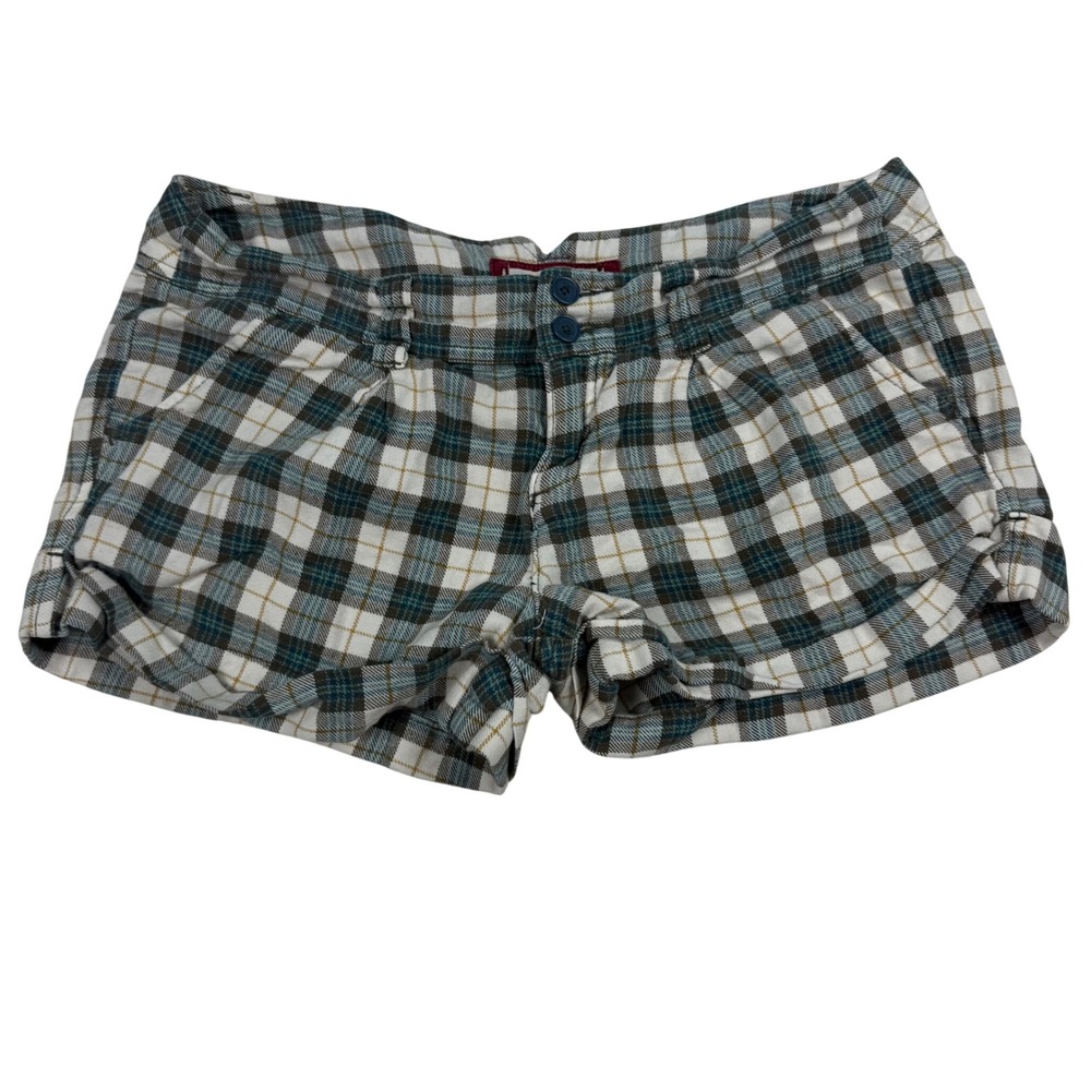 VTG Y2K Hollister Plaid Mini Micro Shorts Blue Green White Size 7 Ultra Low Rise